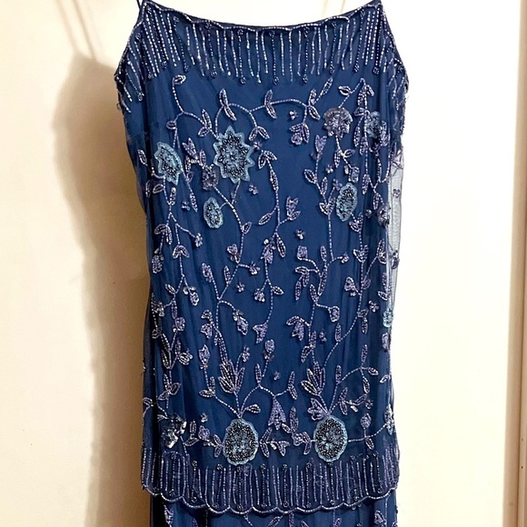 Vintage Stenay Petite Silk Gown Sz 14P Sequin Elegant Blue Beaded Dress - Picture 6 of 9